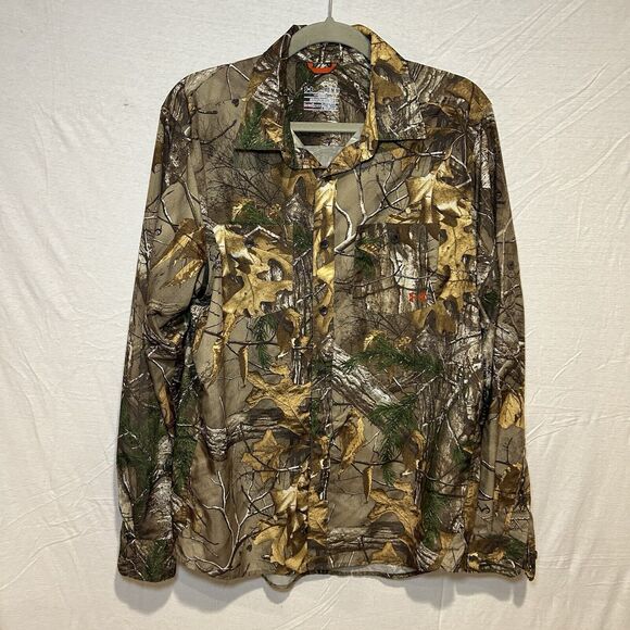 Under Armour Mens Loose Fit Heat Gear Hunting Real Tree Camo Button Size Medium - Picture 1 of 9